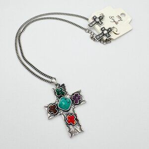 New Western Turquoise Multi Colored Stone Cross Pendant Necklace Earrings Set